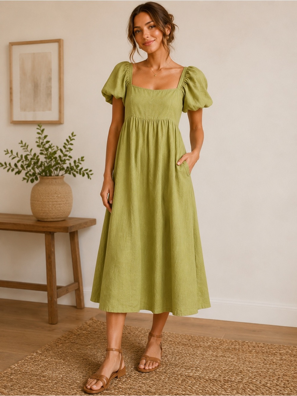 SOLAI Linen Puff Sleeve Midi Dress
Size Medium | 100% Linen | Olive Green